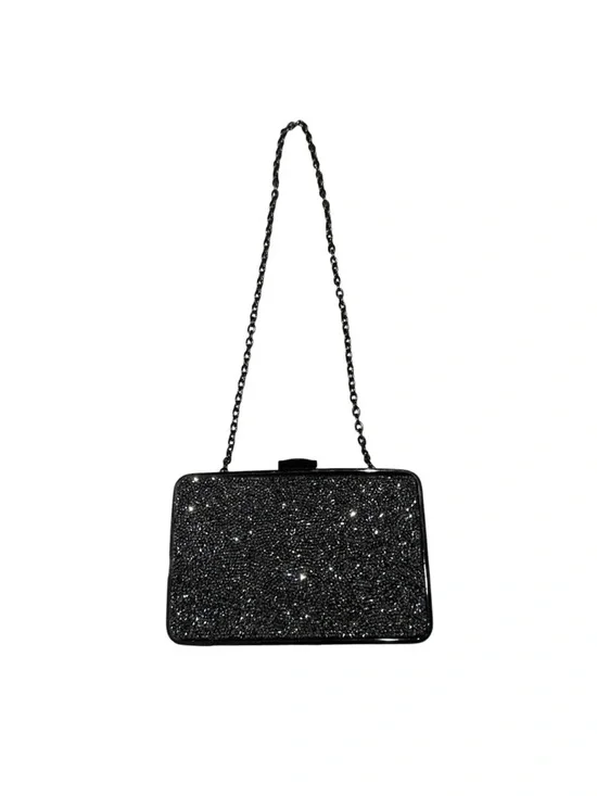 Sondra Roberts Black Glitter Rhinestone Top Lock Chain-Handle Evening Clutch - Picture 1 of 8